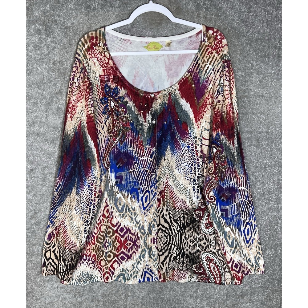 Prima Bella Cardigan Womens Size 3X Animal Print Ikat Paisley Sequin Rhinestone